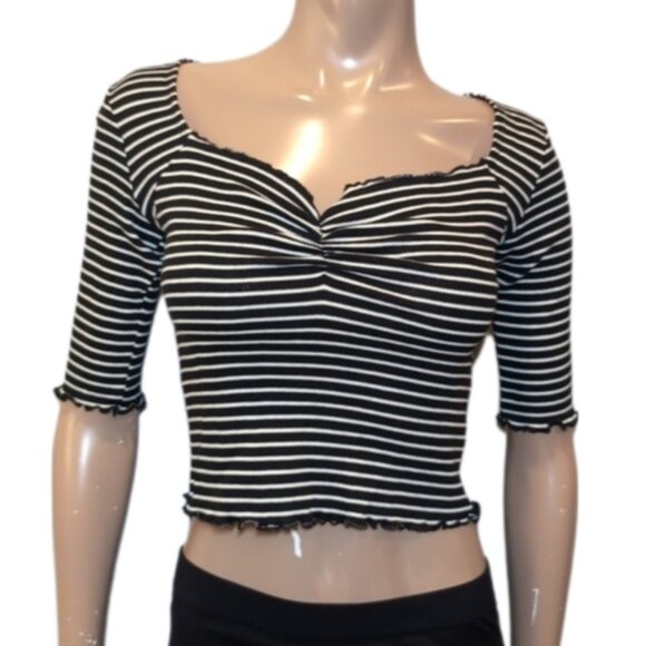 3/$20 Wild Fable Striped Crop Top Half Sleeve Lettuce Hem Sweetheart Neckline - Picture 1 of 13